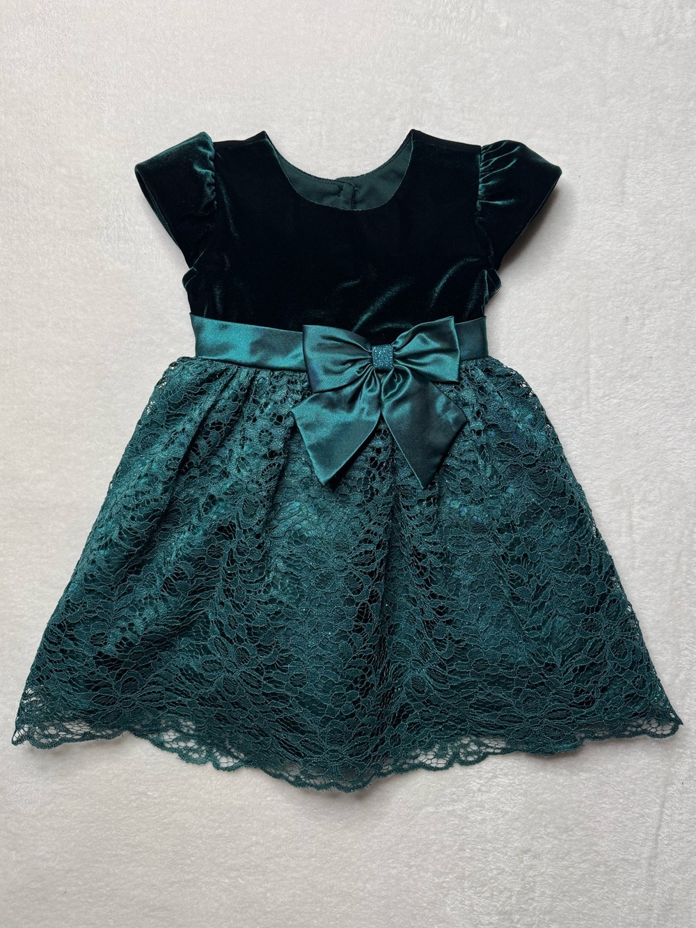 Jona Michelle Elegant Holiday Sparkly Teal Green Velvet & Lace Bow Dress 3T